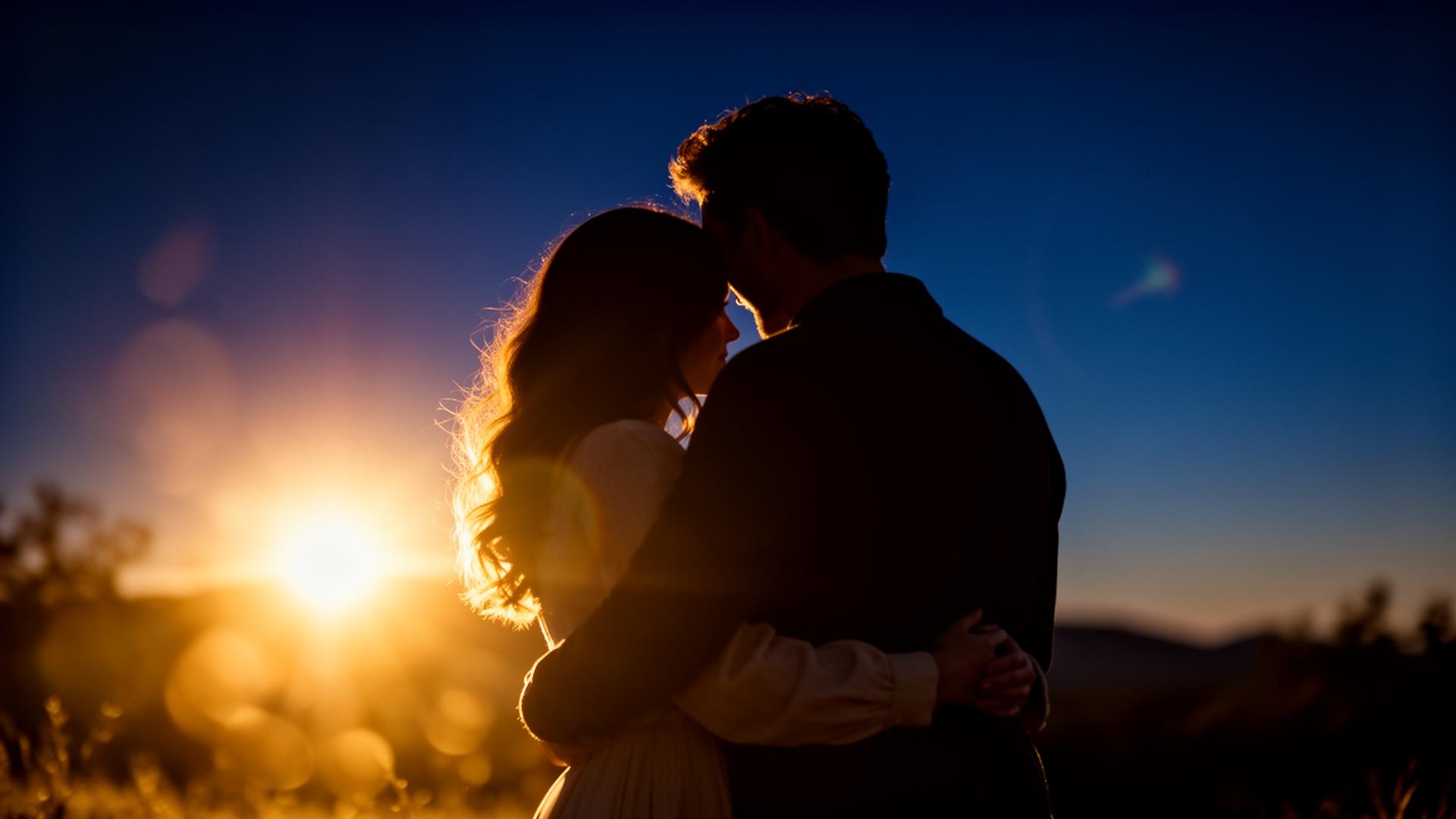 Casal abraçado no pôr do sol