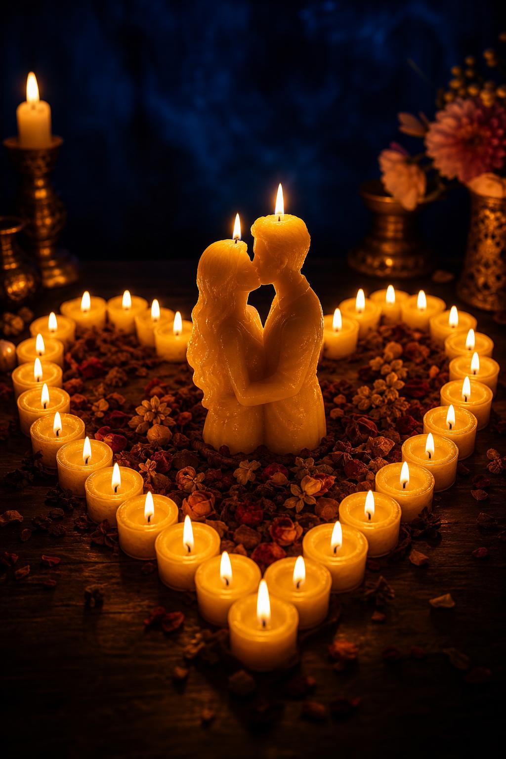 Velas acesas em formato de coração com casal no centro