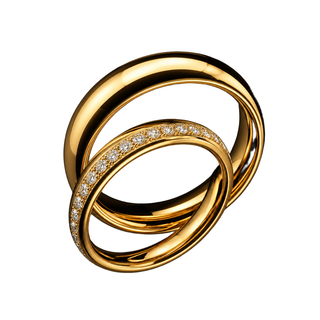 Duas alianças de casamento entrelaçadas em ouro